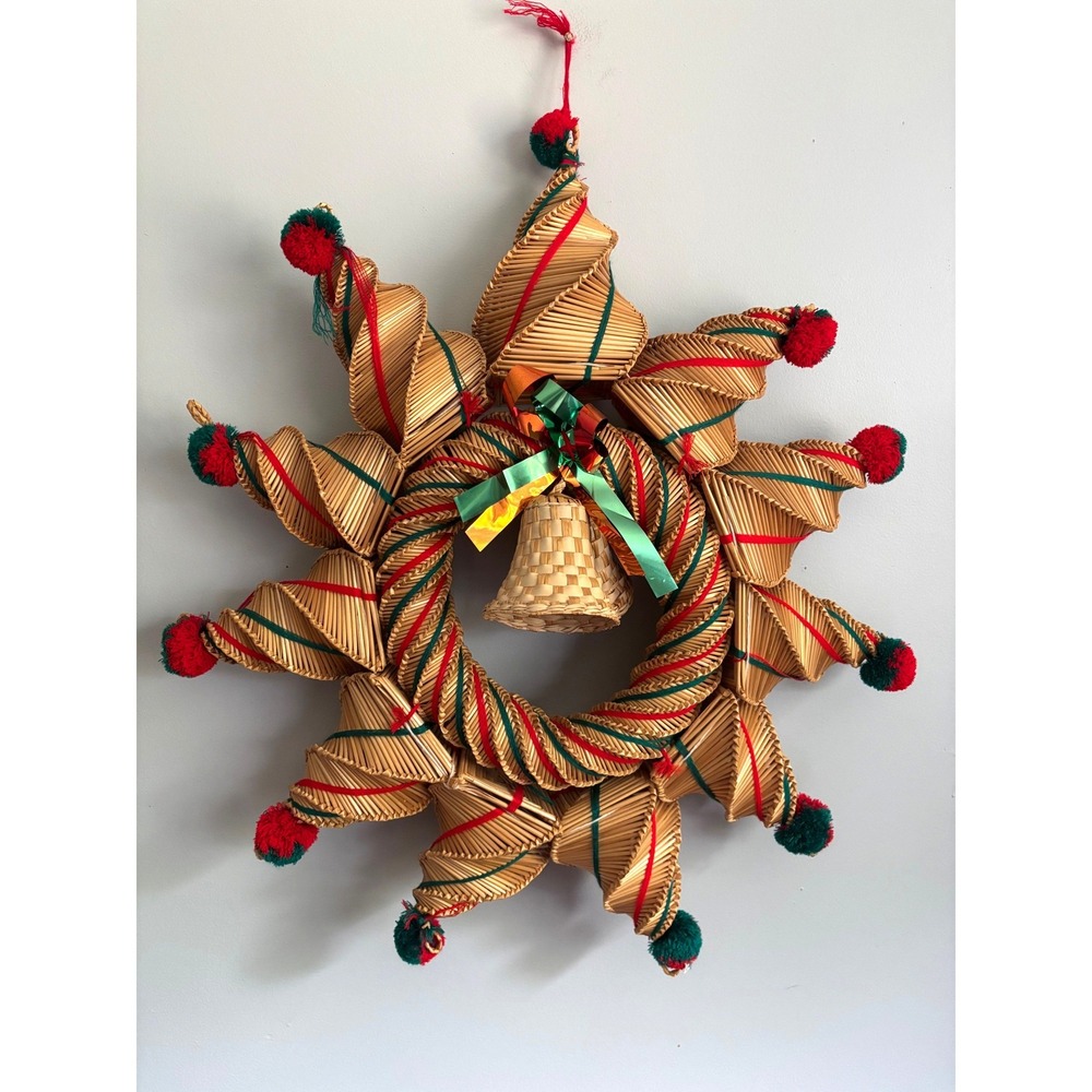 Vintage Scandanavian Hand Woven Straw Christmas Wreath Star Pom Poms Bell 23"